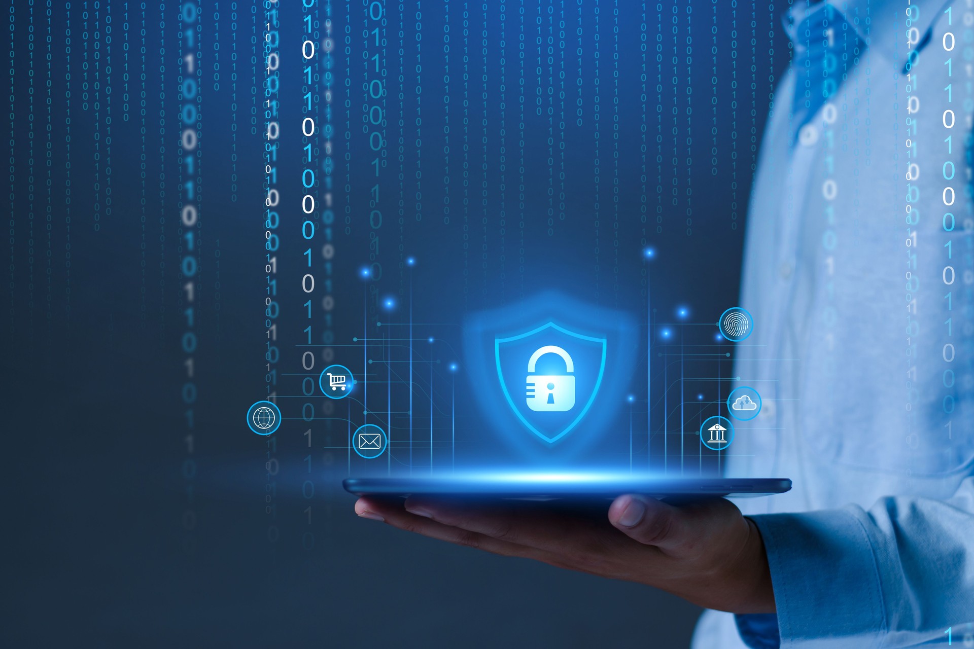 Network security system. Personal Data information on Tablet. Information and cyber security Technology Services. Internet Technology. Digital data protection. Cyber Padlock security application.